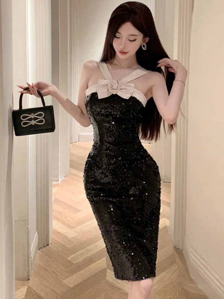 

French Elegant Sequin Banquet Party Dress Women Summer New High Quality Korean Style Socialite Bow Slim Sexy Backless Hip Skirt