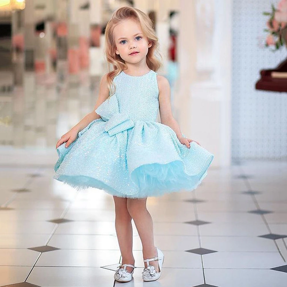 

Cute Sky Blue Sequin Flower Girl Dress O-neck Ball Gown Bow Pageant Gown Mini Baby Girl Wedding Party Dress robe princesse fille