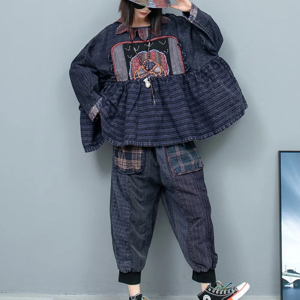 

Loose Old Fabric Patchwork Petal Collar Long Sleeved Doll Shirt + Harem Pants Two-piece Set Women 2024 Spring Autumn LX896