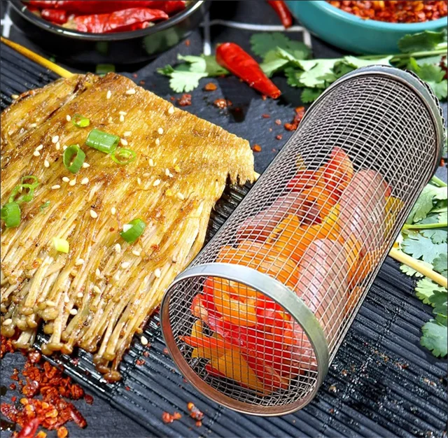 Stainless Steel Rolling BBQ Basket – Portable Mesh Cylinder Grill Rack 3