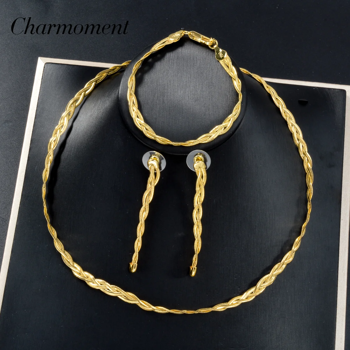 

Aesthetic 18k Gold Plated Twist Jewelry Set Fairy Designer Bangle Hand Made Ear Drop Earrings Italian Metal Necklaces Wholesale