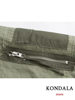 KONDALA Streetwear Armygreen Bomber Jackets Women Patchwork Zipper Pockets Oversized Jackets Fashion 2025 Winter Spring Coats 6