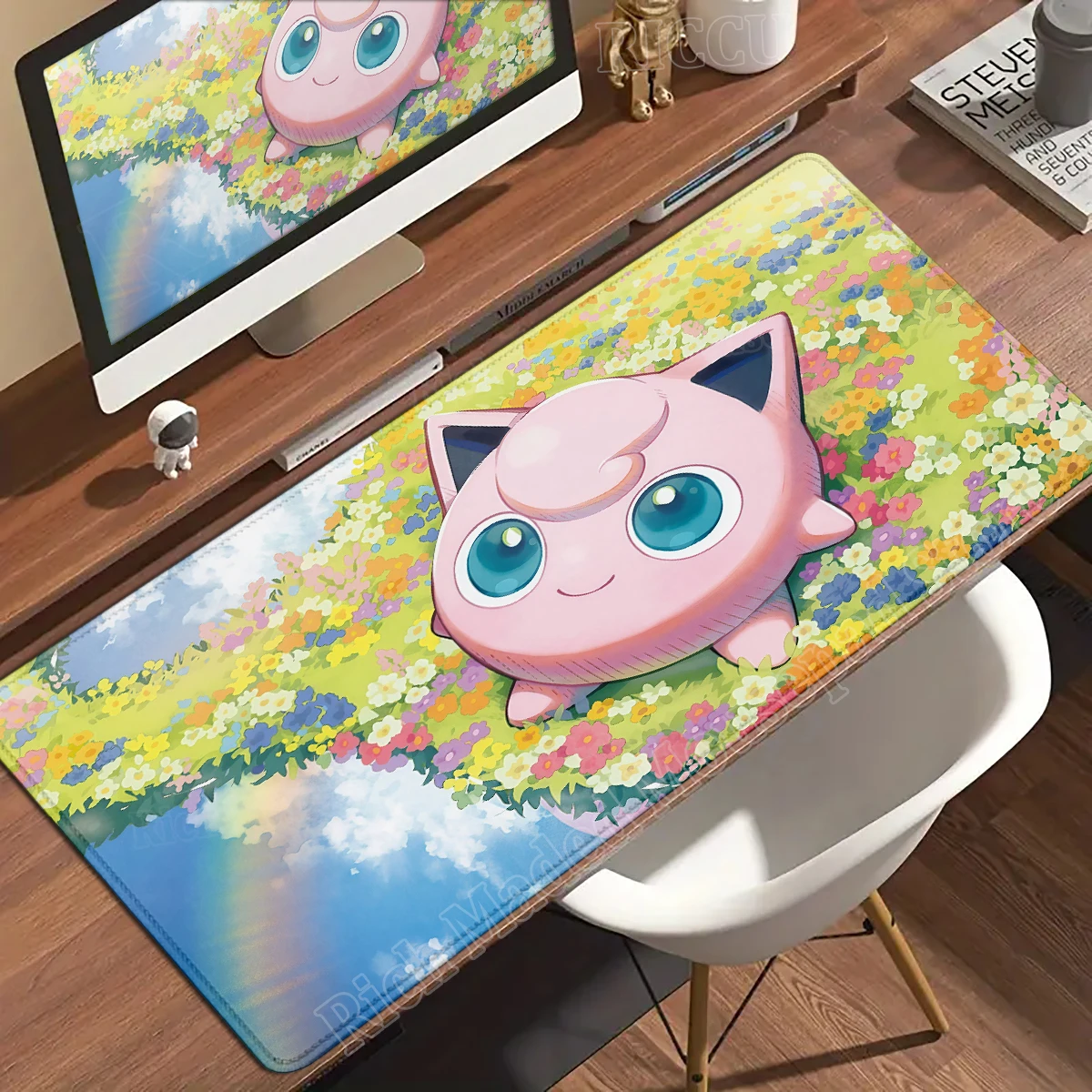Kawaii Pink Anime Desk Mat with Clefairy & Jigglypuff Design