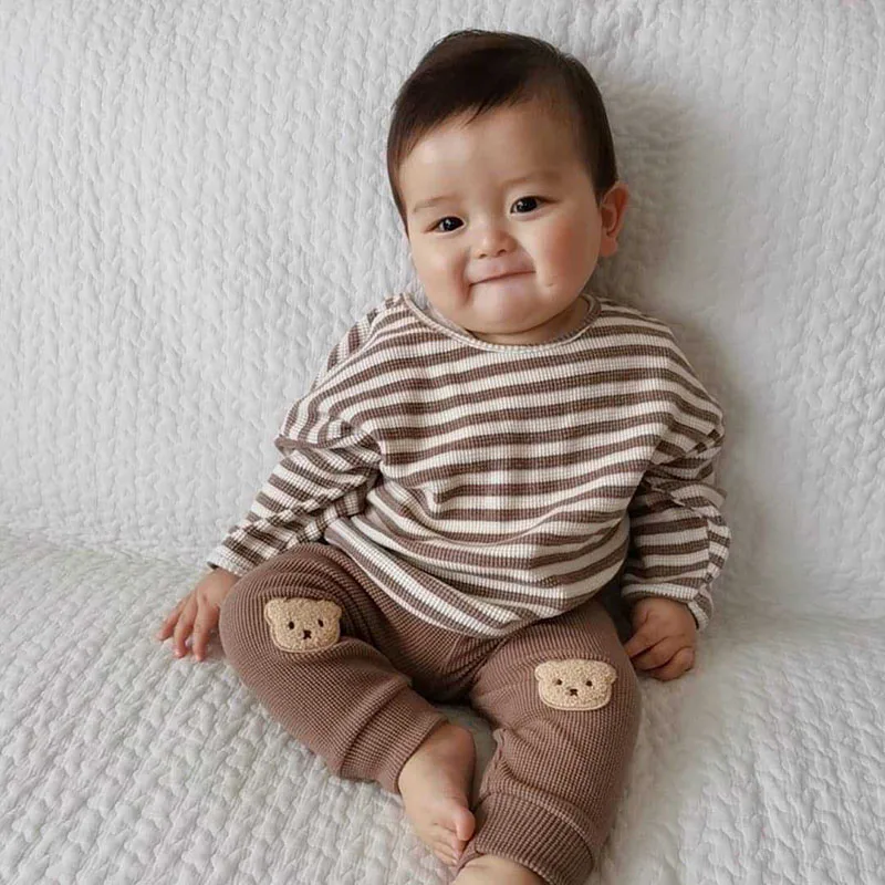 Autumn Baby Waffle Bear Harem Pants Striped Tops