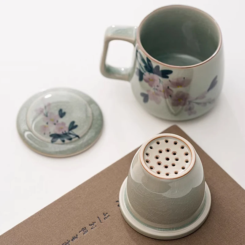 Chinese Style Tea Filtering and Separation Cups With Cover Personal Ice crack pattern Mug Home Drinkware Ceramic Office Cup, 1Pc