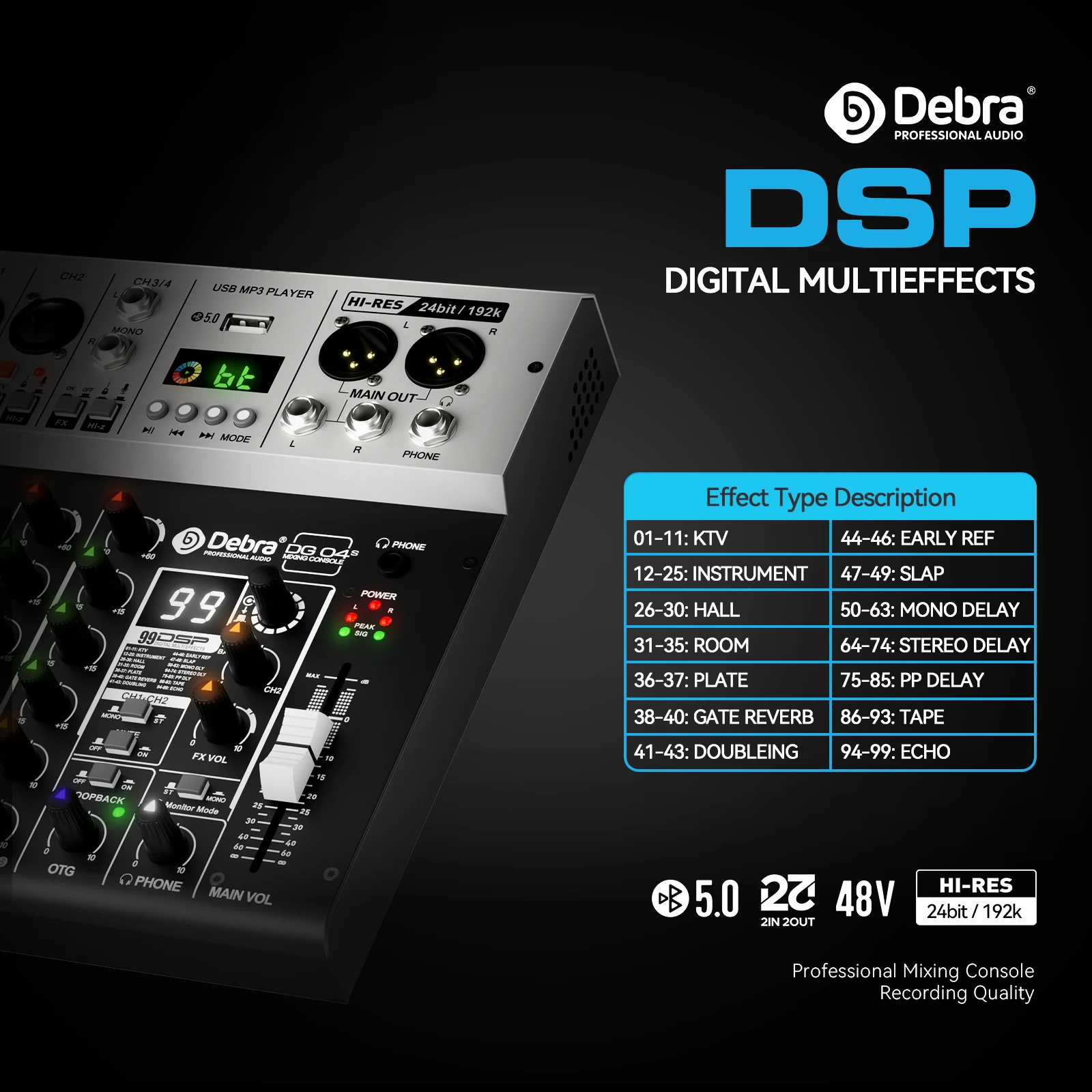 Debra DG04S Professional 4-channel Mixer Sound Card OTG Recording Output USB,Blu