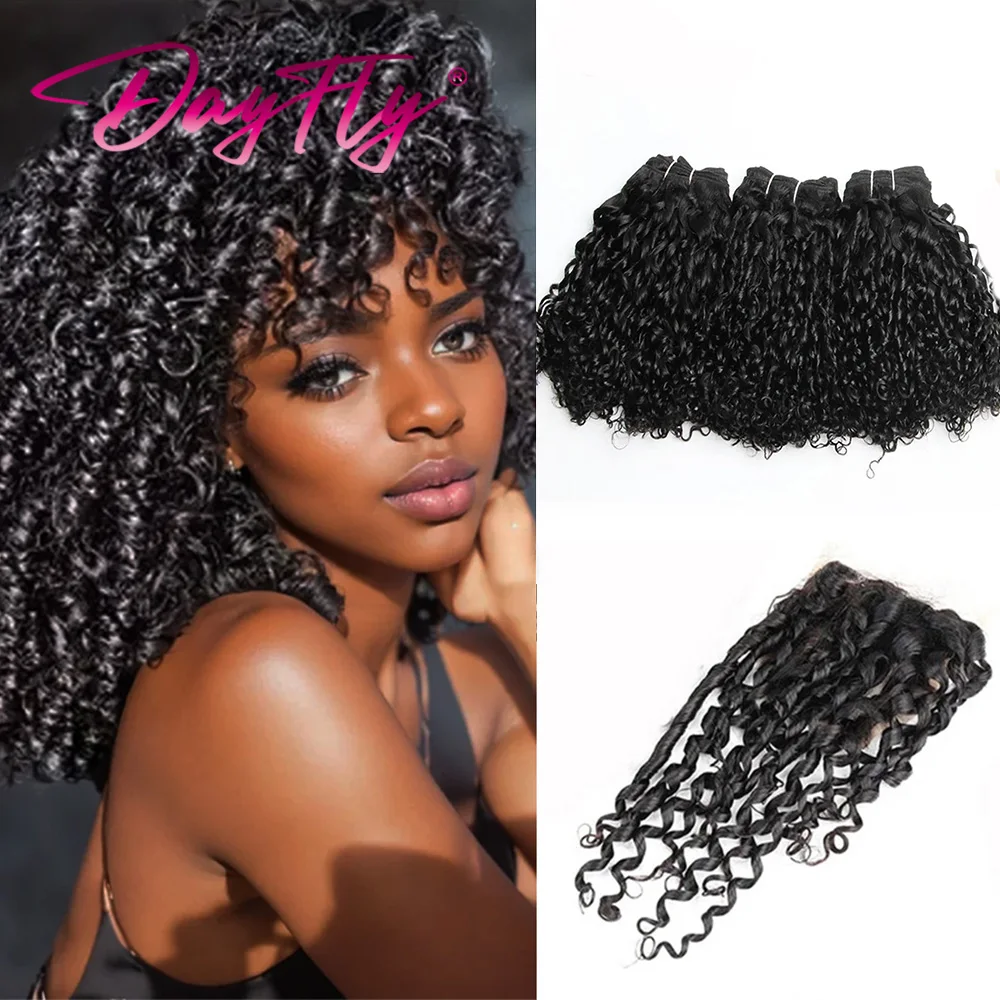 Ombre Double Drawn Pixie Curls Bundles With Closure 4x4 Brazilian Human Hair Weave 3 Bundles And Closure Natural Hair Extensions