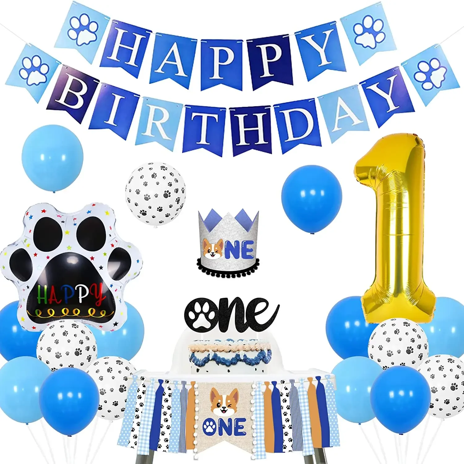 

Blue Puppy Theme Decorations for Boy, Dog Themed 1st Birthday Supplies, Dog Paw, High Chair Banner, Balloons