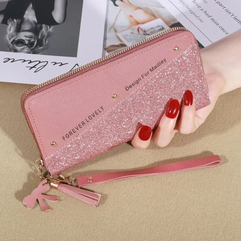 Glitter Shining Wallet New Long Women's Zipper Wallet - Korean Splicing, Color Contrast, Tassel, and Rivet Details