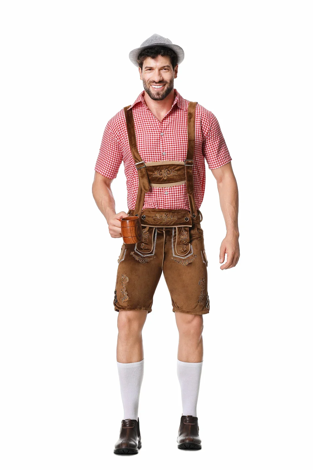 Cosplay Costume Men Festival Costume Set Male German Oktoberfest Lederhosen Costume Short Sleeve Suspenders Rompers Shirt Hat Bavarian Beer Festival Men Cosplay Outfit