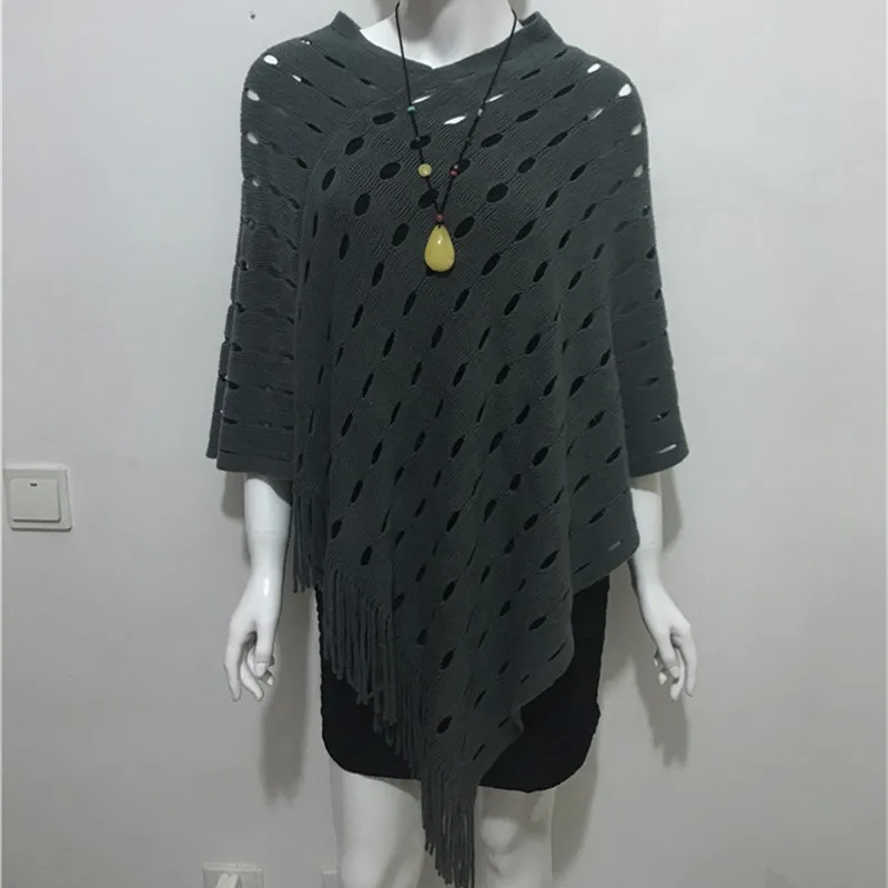 

2022 Spring Autumn Fashion Versatile Hollowed Out Cloak Coat Women Cloak Shawl Korean Loose New Trend Poncho Capes Gray