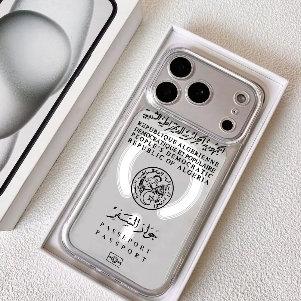 Algeria Passport Logo Magnetic Crystal Clear Phone Case with Wireless Charging Compatibility