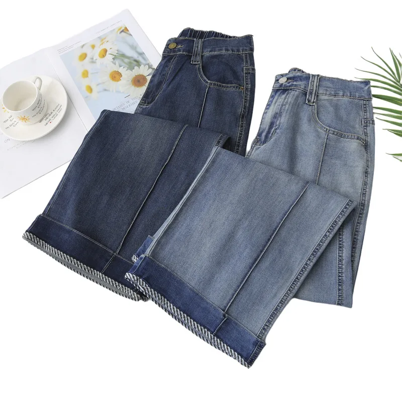 100KG Plus Size Women's Jeans Summer New Thin Stretch Denim Straight Leg Pants Casual Ankle Style Bottoms 8656