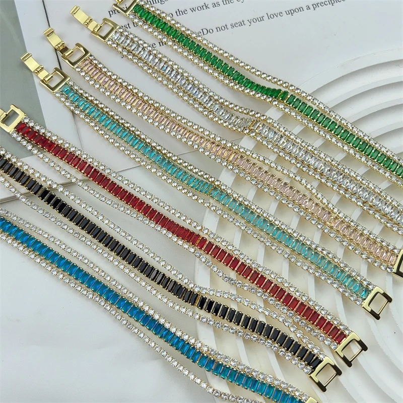 2023 Rainbow Corlorful Iced Out Crystal Tennis Zircone Bracciali Per Donna Uomo Trendy Accessori Unisex Quadrati Cz Chain Jewelry