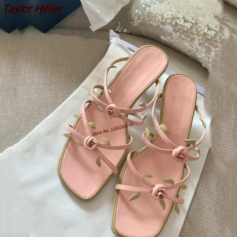 

French Retro Square Head Flower Slippers Women 2023 Summer Mid-Heel Comfortable Outerwear All-Match Dress Sandals And Slippers