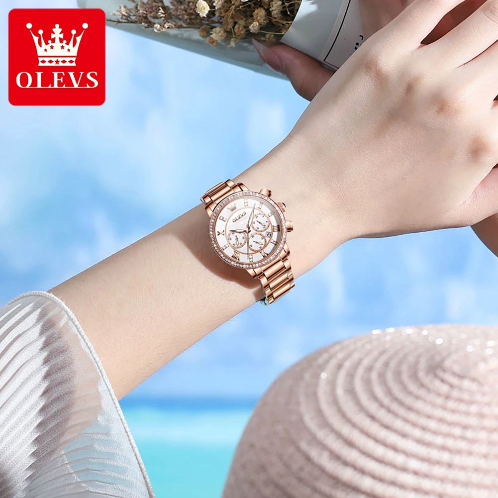 OLEVS Quartz Watch for Women Luxury Rose Gold Dial Stainless Steel Luminous Waterproof Elegant Women's Wristwatches Reloj Mujer