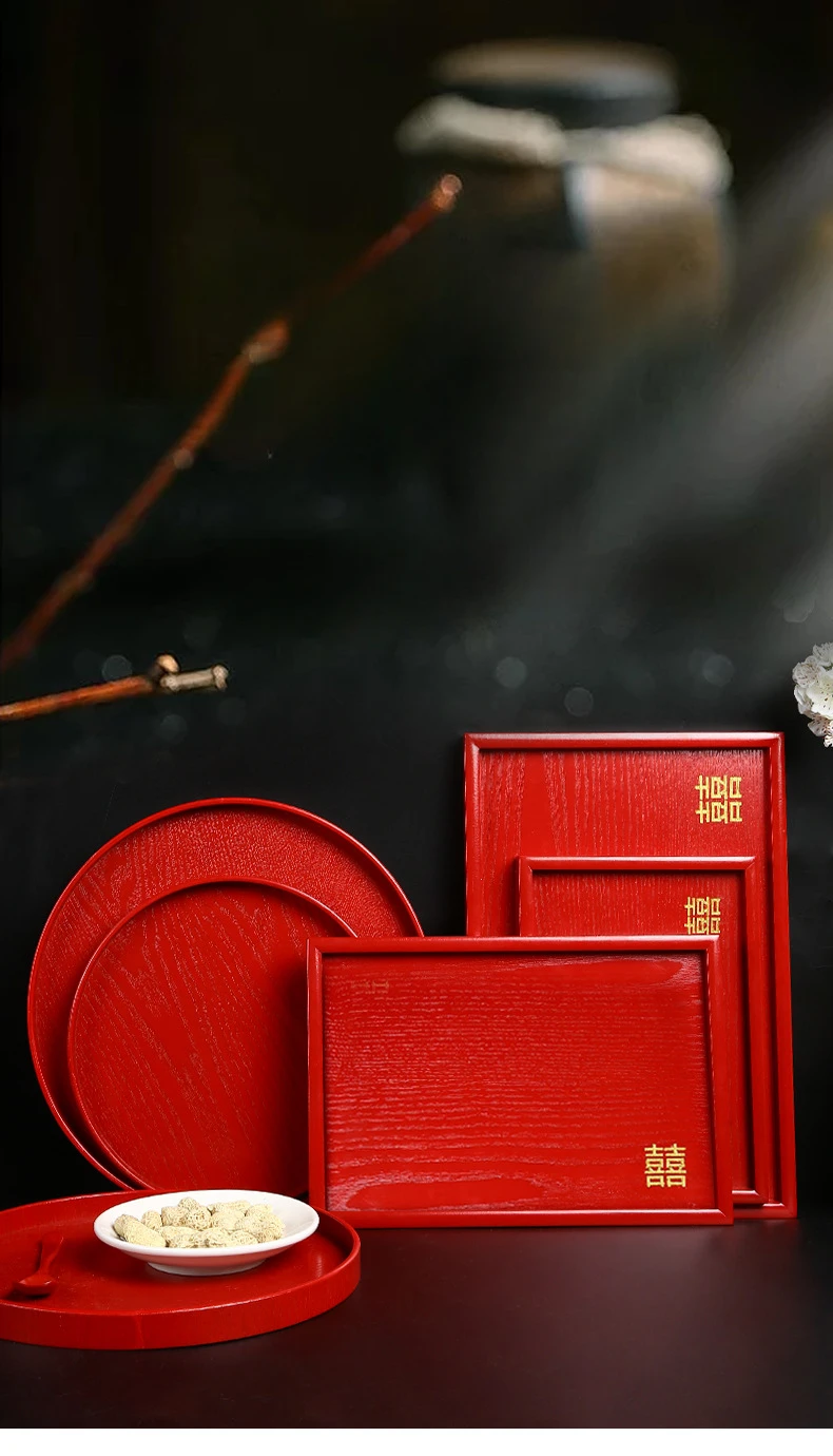 Description Picture 2 of item1pc Wooden Red Tray Wedding Supplies Living Room Dried Fruits, Snacks, Candy Plates Red Tea Tray Home Storage Decoration