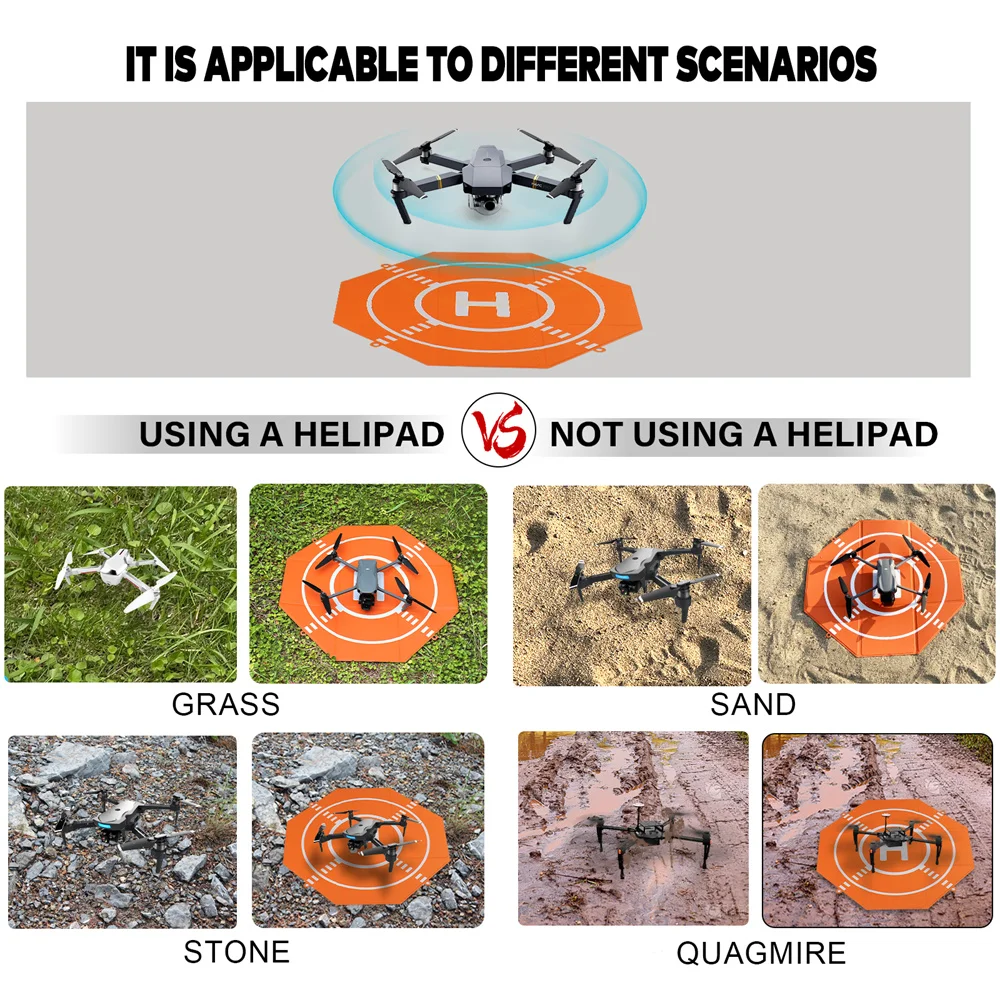 Tapis d'atterrissage pliable pour drone de 51 cm déplié sur une table, avec drone posé et télécommande à proximité.