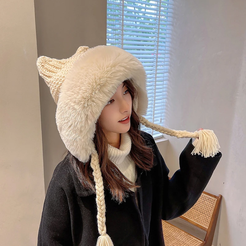 

Winter Hats For Women Beanie Cute Cat Ear Knitted Bonnet Femme Thick Velvet Keep Warm Winter Cap With Pompom Gorro 2023 New