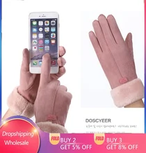 Novo inverno feminino rendas cashmere quente três costelas bonito urso mittens duplo grosso de pelúcia pulso feminino tela toque luvas condução 81c