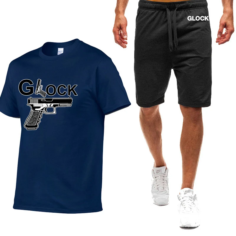 2023 Fashion Summer New Glock Perfection Shooting Print Round Neck Loose Short Sleeve+Casual Sweatpants Solid Color Classic Sets