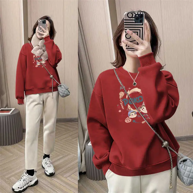 Fashion Solid Color Printing Cartoon Casual Sweatshirts Female Clothing 2023 Autumn Oversized Korean Tops All-match Sweatshirts