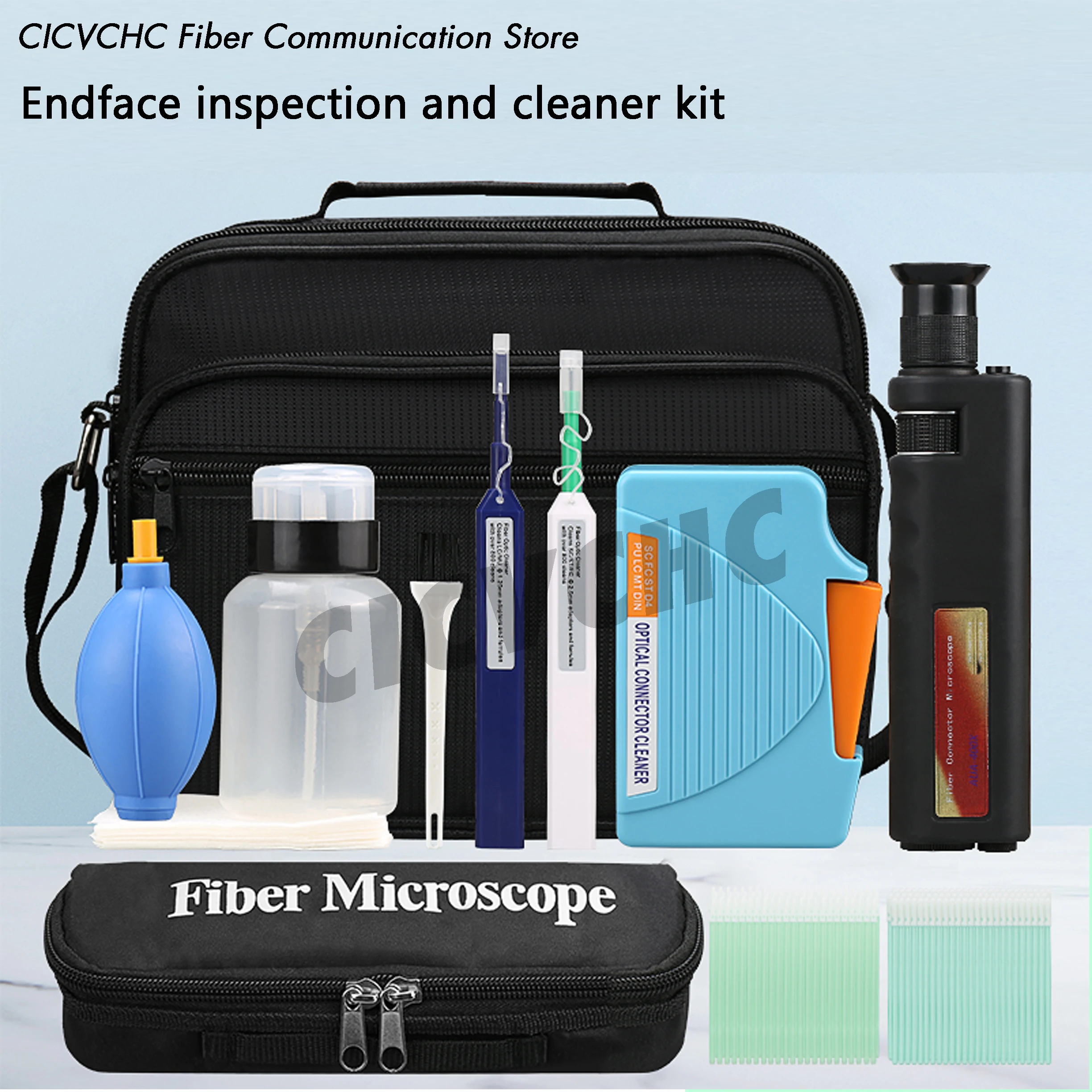 Fiber end-face inspection and cleaner tool kit with 400x fiber microscope (Hand held) handheld 200x 400x fiber optical inspection microscope led illumination anti slip rubber sc fc st lc ftth tool fiber equiment