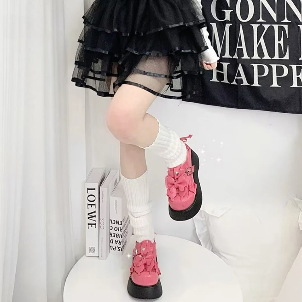 Lolita Pump Shoes Sweet Cool Hot Girl Punk Thick Bottom Round Head Bow Paltform JK Uniform Shoes Female Casual High Heels
