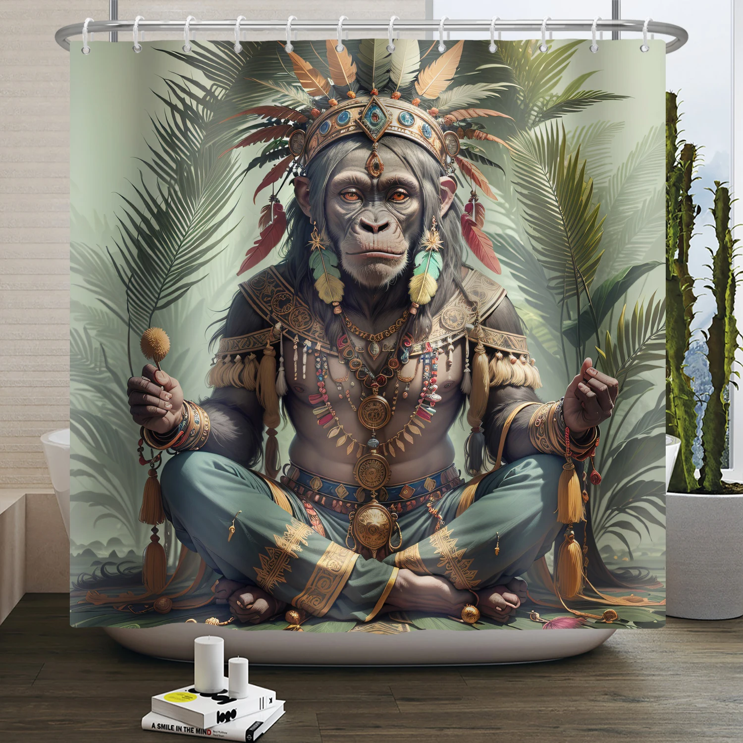 Ape Shower Curtain Gorilla Primitive Tribe Jungle Forest Bathroom Decor AI Art Pattern Waterproof Fabric Bathtub Screen 180x200