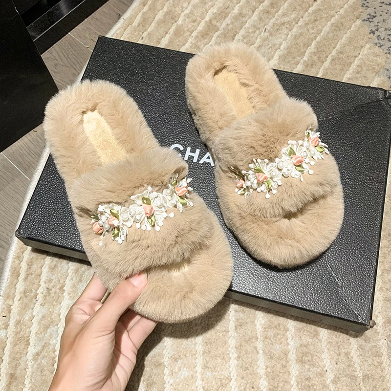 

Shoes Home Slippers Women's Med Luxury Slides Fur Flip Flops Flock Loafers Pantofle Massage Designer Flat Plush Soft 2023 Fabric