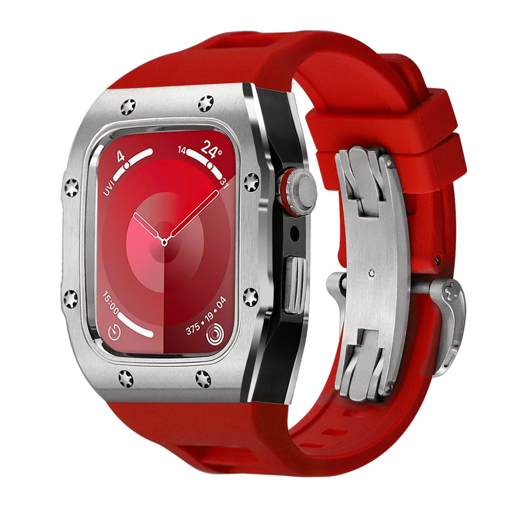 

For Apple Watch 9 44mm 45mm New Stainless Steel Luxury Retrofit Kit SE 5 6 7 8 Series Protection Accessories iWatch red band
