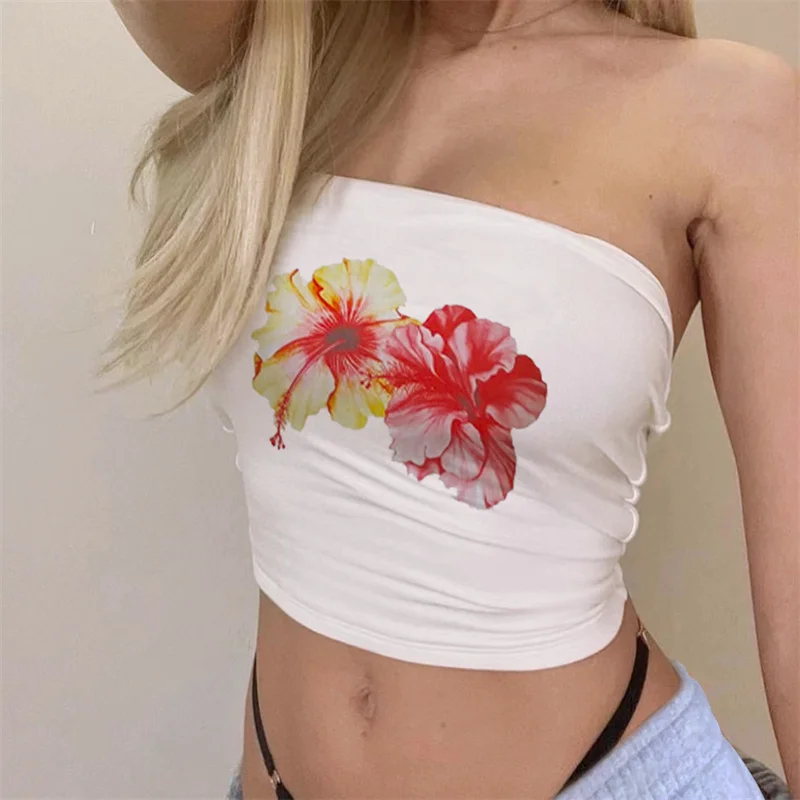 Top de tubo Y2K para mujer, con estampado floral estético, hombros descubiertos, sin tirantes, sin mangas, estilo bandeau, chaleco de los años 2000, ropa de calle para fiesta