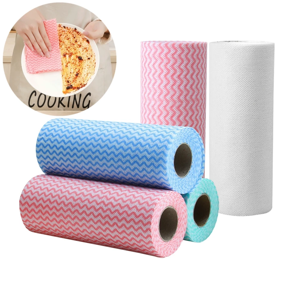 

50PCS/Roll Reusable Kitchen Cleaning Rags Lazy Rags Scouring Pad Oil-Free Disposable Dish Towels Non-Woven Cleaning Rags