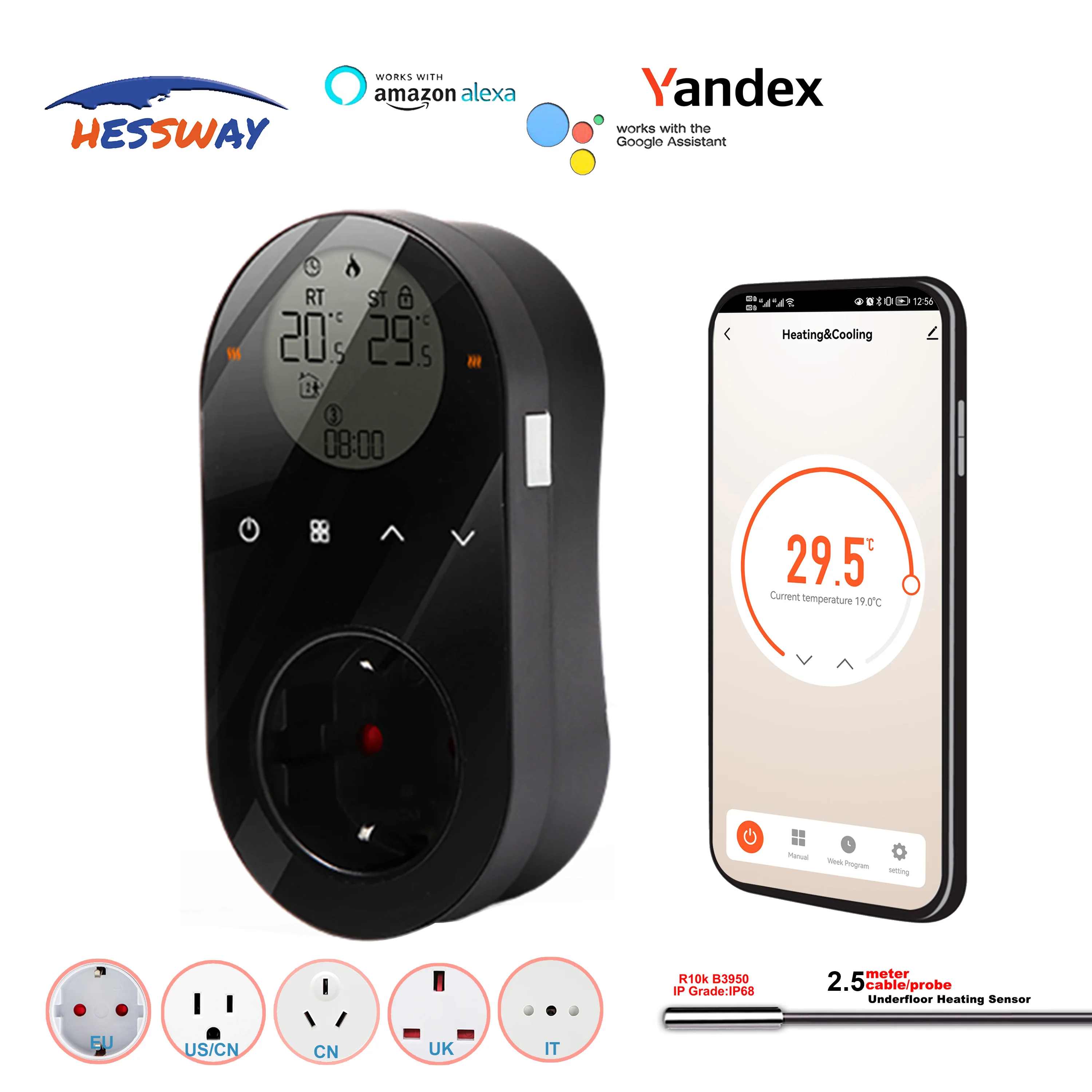 EU 에너지 절약 온도 조절 난방 케이블 온도 조절기 플러그 인 16A 4KW, 알렉사 구글 홈 Yandex LED/LCD 쇼와 함께 작동