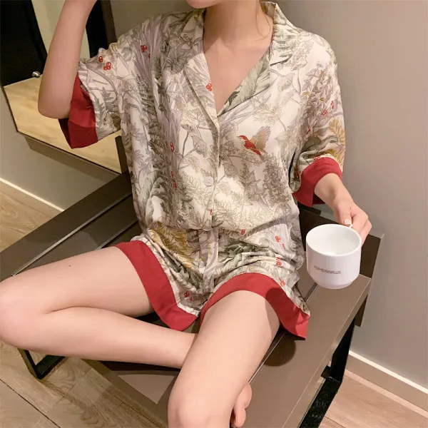 Summer Ice Silk Pajamas for Women Short-sleeved Shorts Sleepwear Outside Home Suit Female 2 Pieces Pijama
