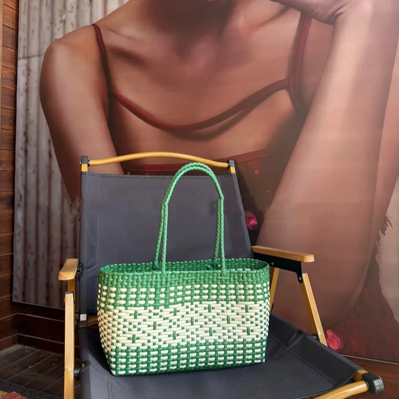 Plastic Woven Women's Handbag Handmade Bohemia Storage Basket Contrast Tote Bag Designer Summer Beach Bag Female Shoulder Bags