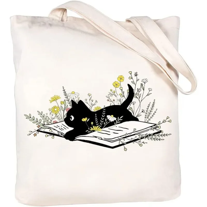 Black Cat Canvas Tote Bag - "Go Away I Am Reading" Book Lover Bag With Interior Pocket