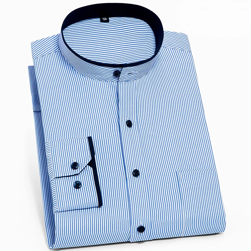Men's Fashion Stand Collar Long Sleeve Shirt Pure Color Striped Business Casual Dress Formal Shirt Slim Fit soft comfortable