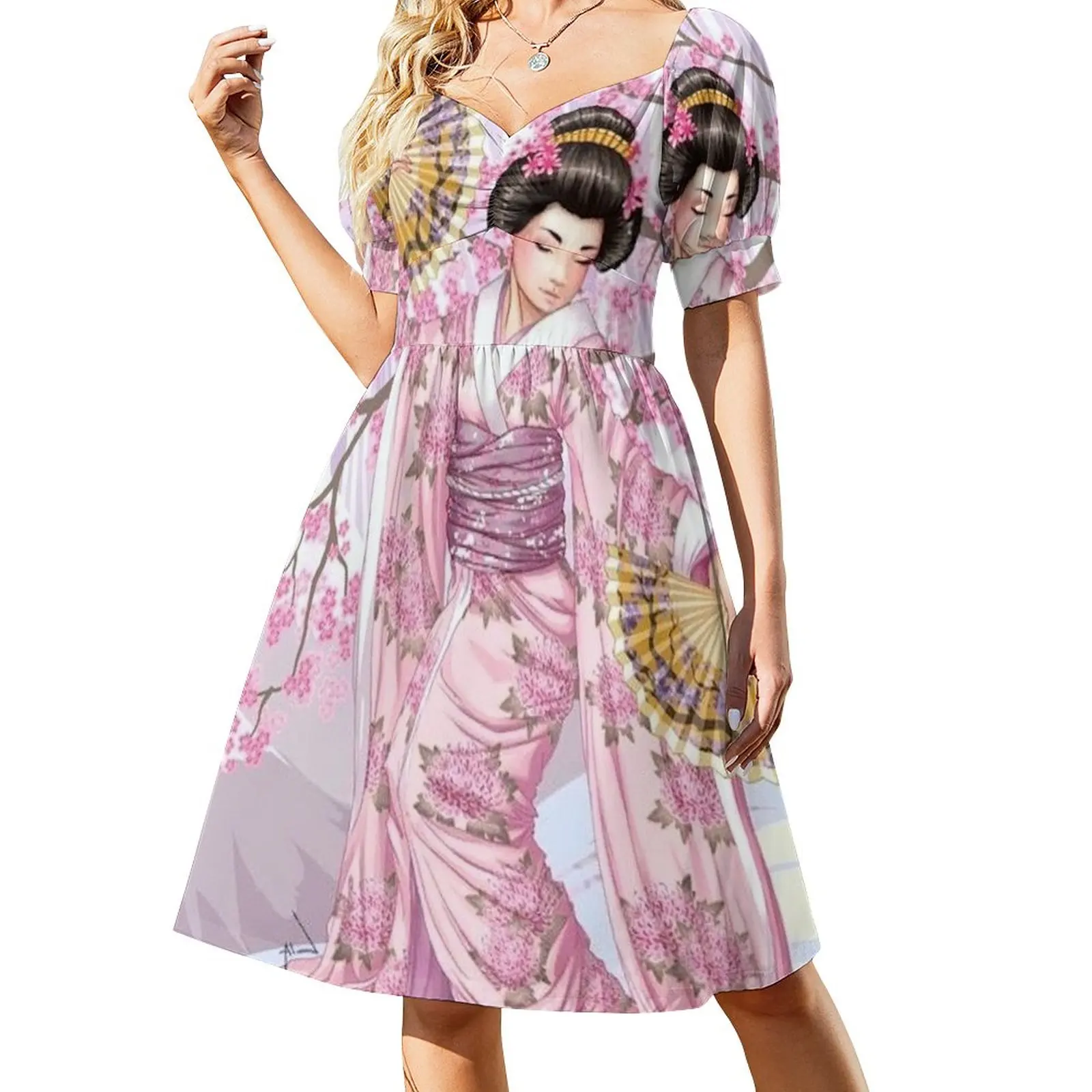 

Pretty Japanese woman with fans and pink cherry blossoms Sleeveless Dress dresses korean style women clothes