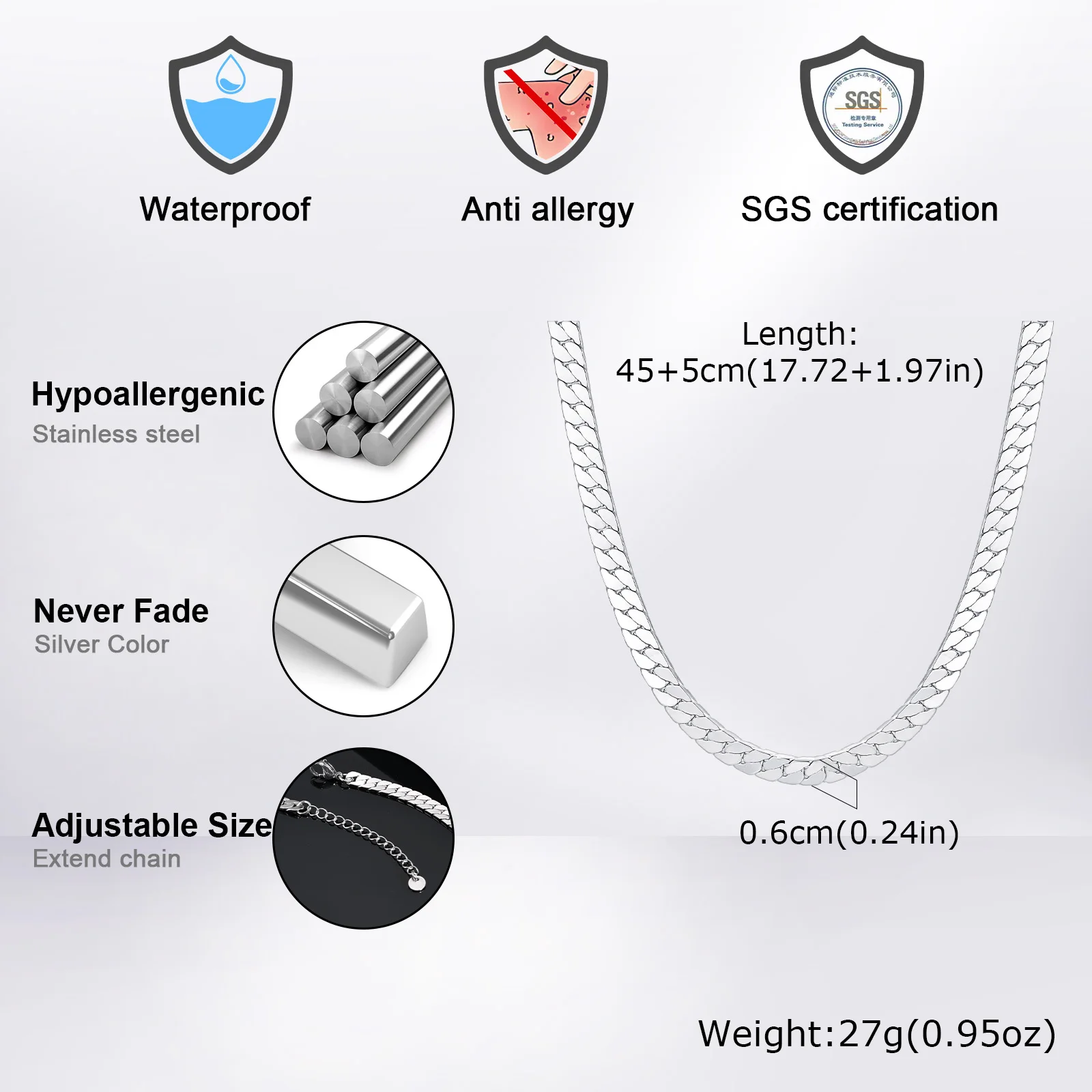 Flat Cuban Chains Bracelets for Men,45-50cm High Polish Stainless Steel Chain Links Collars,Hip Hop Cool Jewelry Gifts