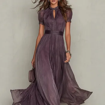 2026 New Summer Ladies Casual Long Dress Temperament High Collar Lace Splicing Elegant Chiffon Dresses 1