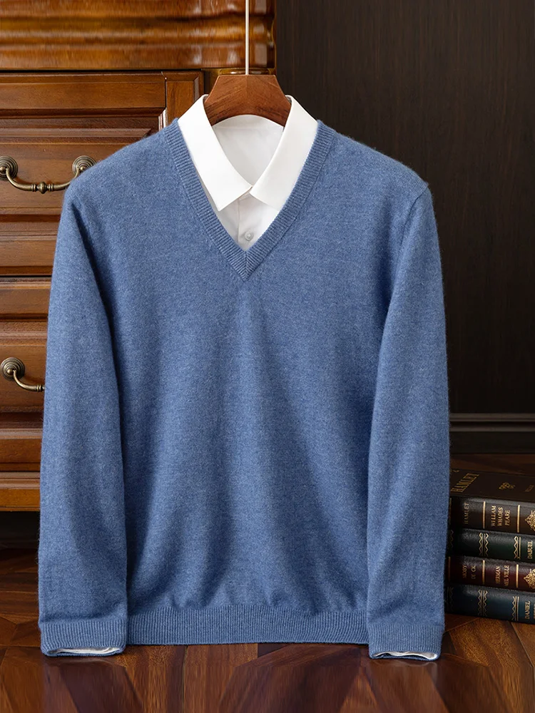 Moda uomo 100% maglione pullover in cashmere con scollo a V manica lunga pullover spesso autunno inverno abbigliamento casual in maglia di cashmere intelligente 4