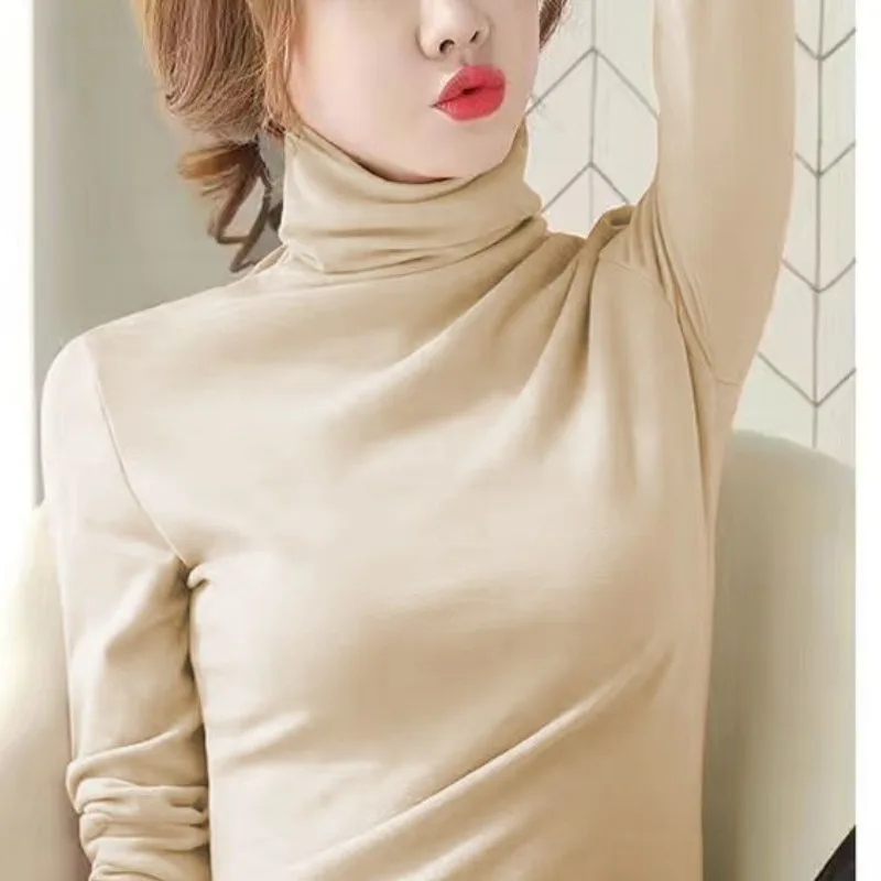 

Женская осенне-зимняя новая модная элегантная однотонная Повседневная универсальная приталенная плюшевая футболка с высоким воротником и длинными рукавами, топы