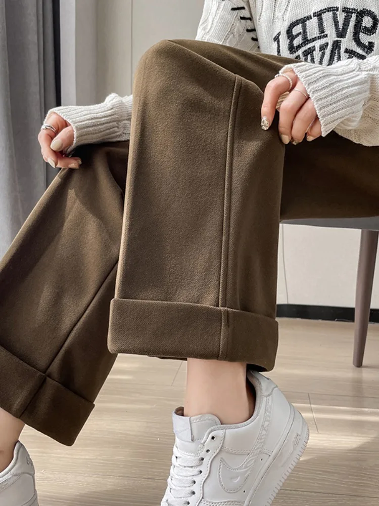 Wide Leg Pants Women's Autumn Casual Loose Fitting High Waisted Straight Suit Pants, Curled Hem Thick Winter Pants