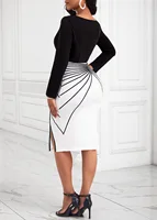 Plus Size Women's Elegant Dress Geometric Pattern Color Contrast Printed Long-Sleeve Bag Buttock Slit Elastic Dress - Image 3