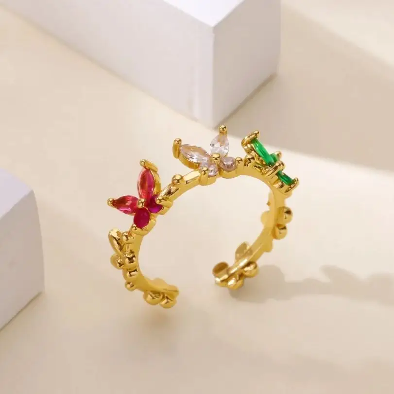 Colorful Zircon Butterfly Rings Gold Color Stainless Steel Adjustable Ring