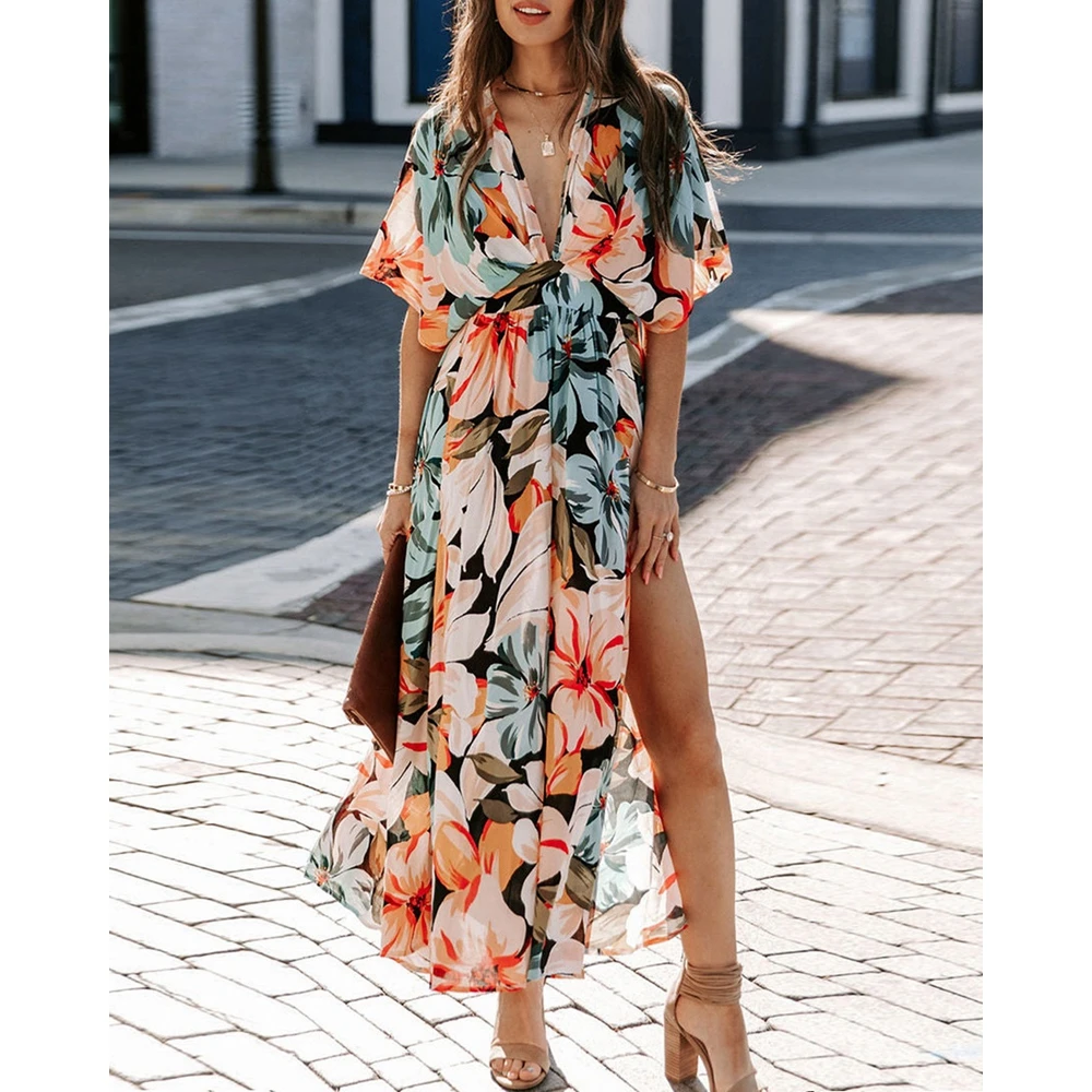 

2024 Summer Floral Print High Slit Maxi Vacation Dress for Women Fashion Plunge Dresses Femme Street Casual Bohemian Outfits