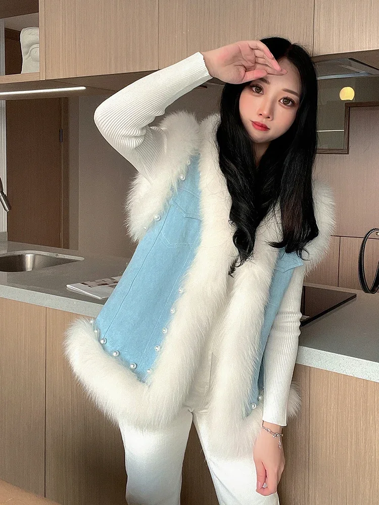 Autumn and Winter Fur Vest Female Young Short Beaded Coat 2023 Real Fox Raccoon Hair Fur Thick Warm Fluffy Jacket Womens Clothes