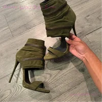 Sandales enveloppantes à la cheville en daim vert émeraude foncé pour femmes, talon aiguille ouvert, bout rond, talons de poussin chaud, fermeture éclair en métal, chaussures de Style de rue Cool 1