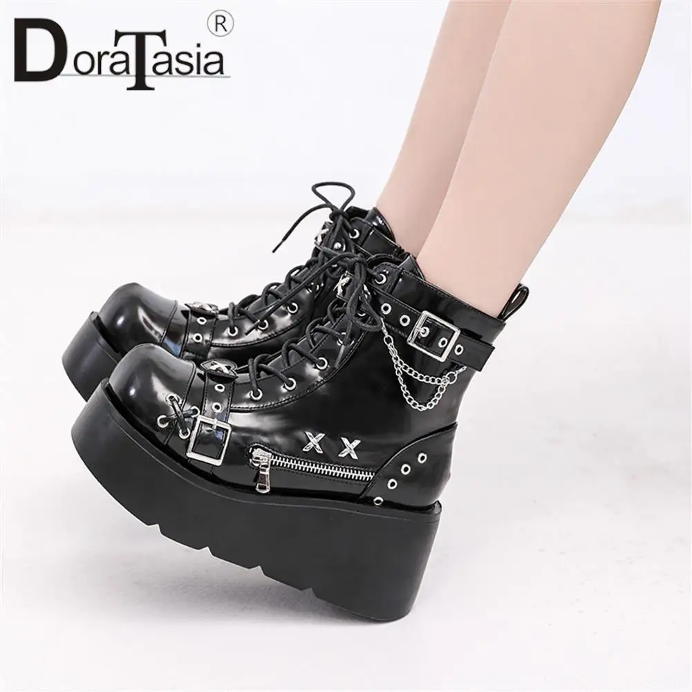Brand New Ladies Goth Platform Ankle Boots Fashion Buckle Zip